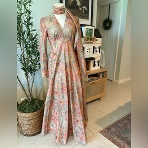 Victor Costa Vintage 70s Multicolor Floral Long Sleeve Maxi Dress